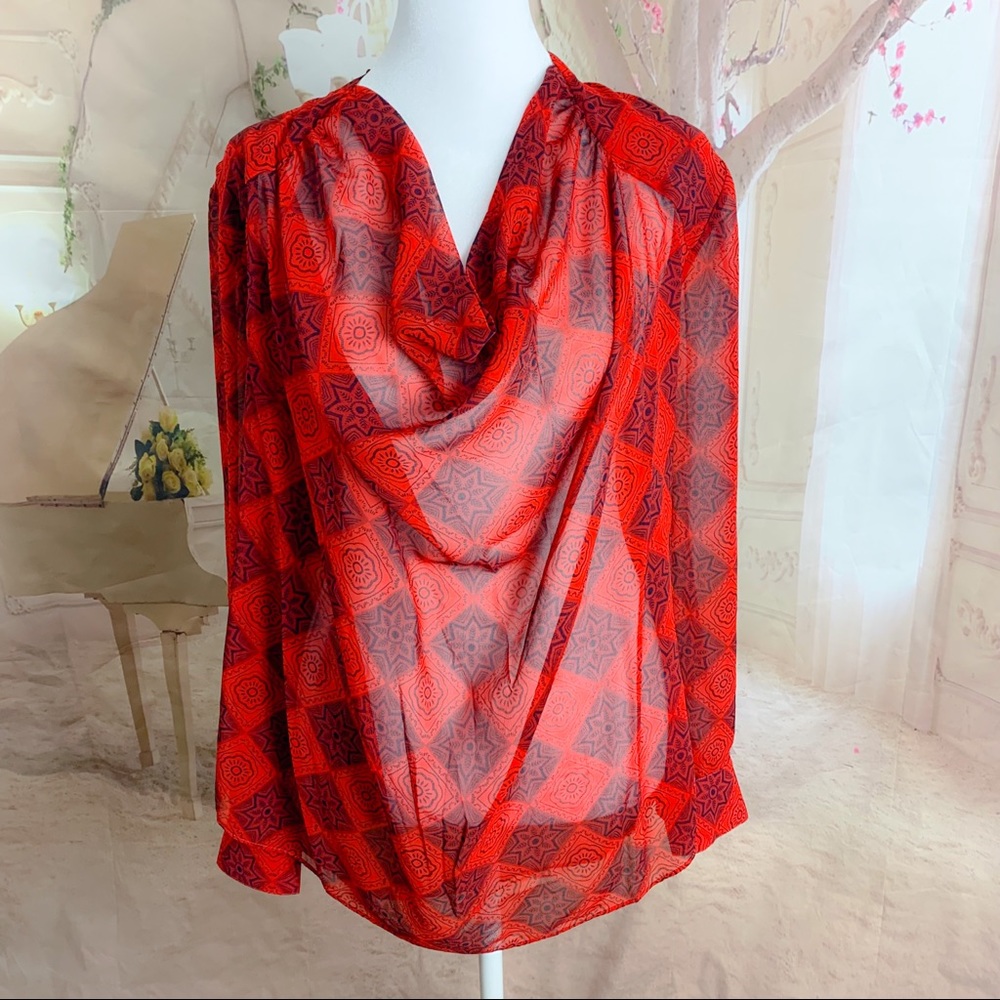 CAbi Sheer Drop Neck keyhole Diamond Blouse in Red